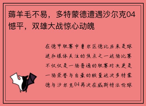 薅羊毛不易，多特蒙德遭遇沙尔克04憾平，双雄大战惊心动魄