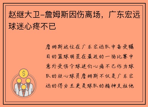 赵继大卫-詹姆斯因伤离场，广东宏远球迷心疼不已